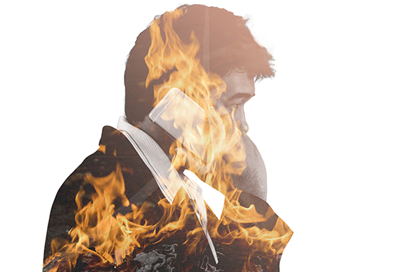 double exposure of business man and fire burn and way with cement, concept urgent situation
